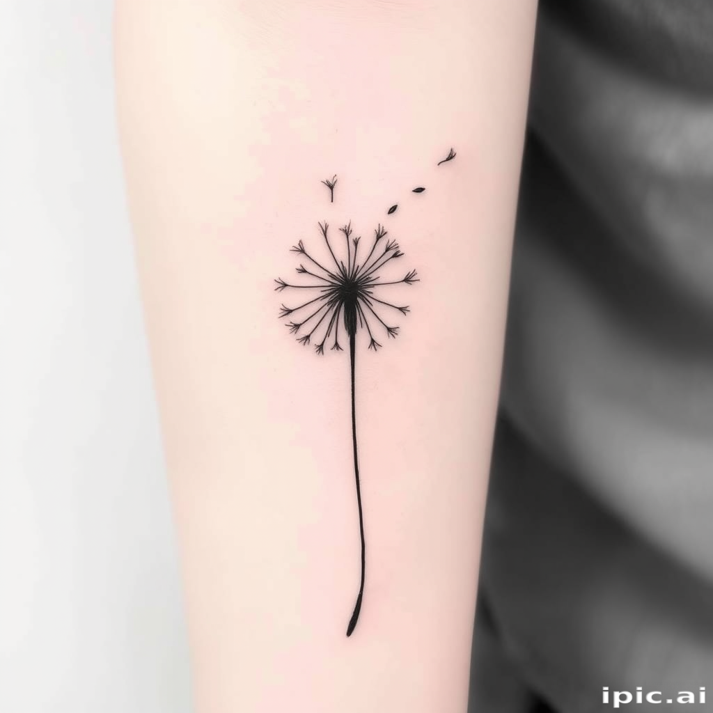 Minimalist fine line tattoo called "Whispered Memories" depicting a delicate silhouette of a dandelion with seeds floating away in the wind, rendered in ultra-thin black lines for a subtle and elegant effect