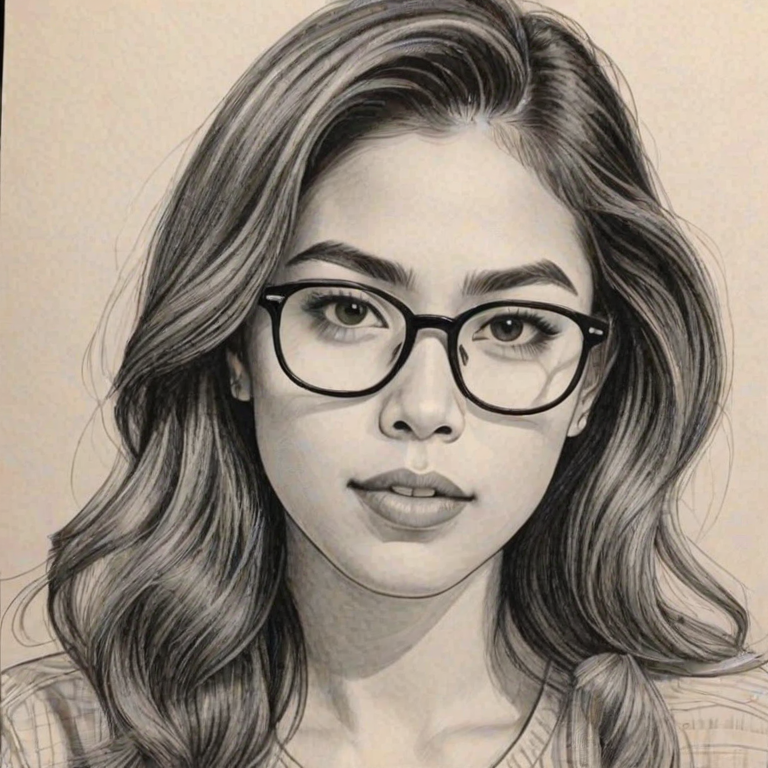 Alluring Ashley Argota, pencil sketch, portrait of Superb woman 1942s in glasses, hair style beatnik, outline, clear lines, fine lines, 8k