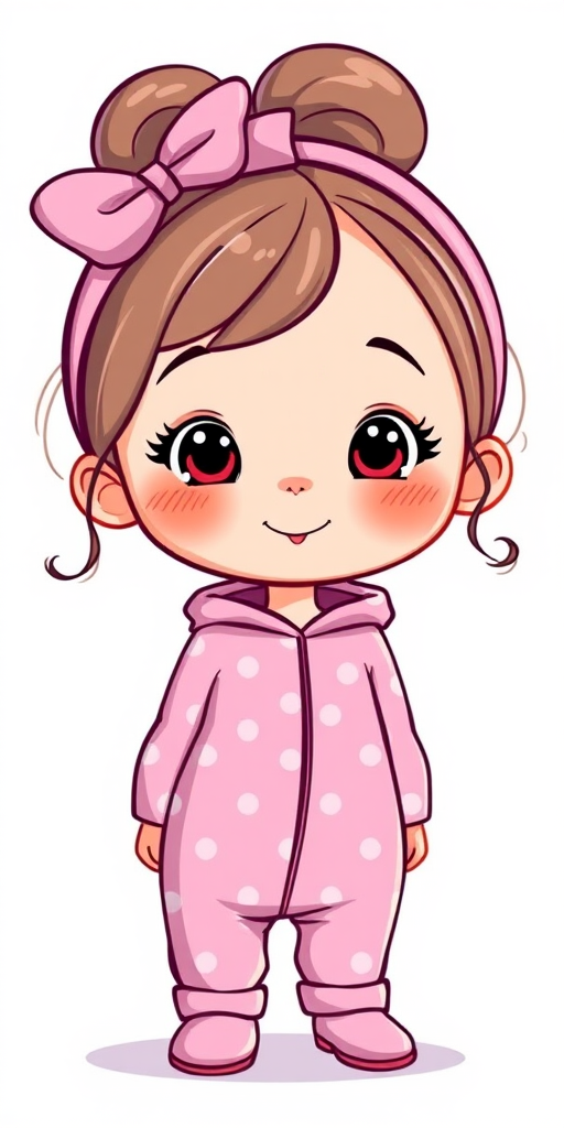 Generate a high-quality illustration of a cute cartoon girl in a pink polka dot onesie with a bow on her head, using a digital art style, with bright colors and smooth lines, captured from a front view, simulate a Canon EOS 5D Mark IV with an aperture of f/4, ISO 100, and a focal length of 50mm.