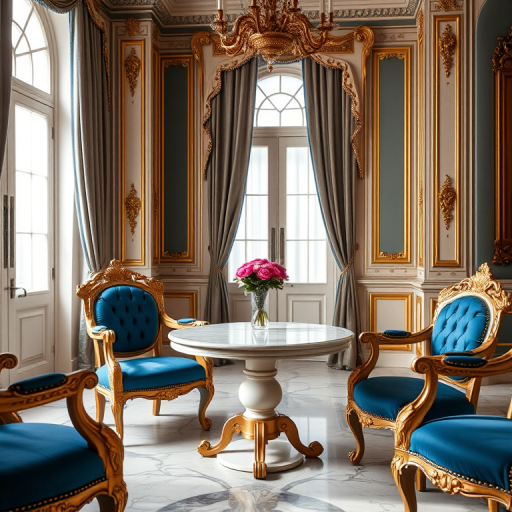 luxurious interior with ornate gold-framed blue upholstered chairs and a round marble table, soft natural lighting, shallow depth of field, photographic realism, 50mm lens, f/2.8 aperture, ISO 100, DSLR camera, high dynamic range