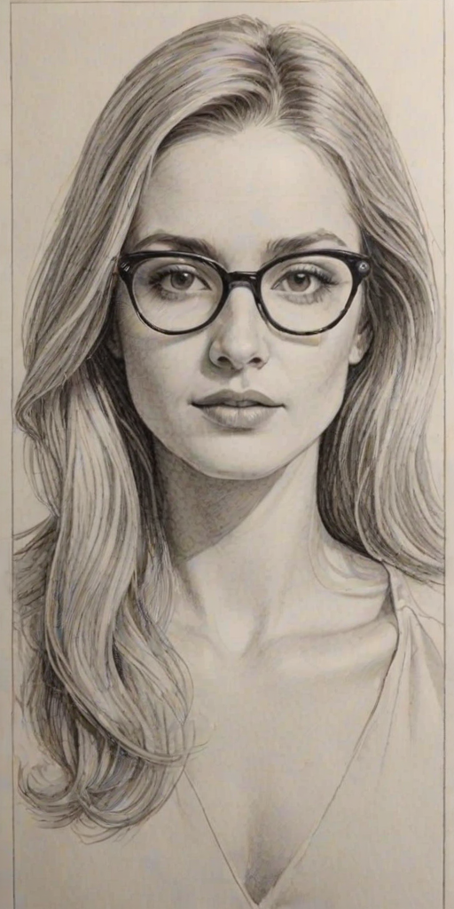Appealing Veronica Dunne, pencil sketch, portrait of Sublime woman 1978s in glasses, hair style beatnik, outline, clear lines, fine lines, 8k