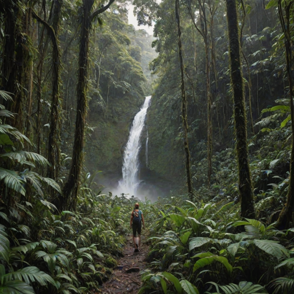 Lone hiker trekking through a dense jungle, surrounded by towering trees, thick vines, and the distant sound of a rushing waterfall.