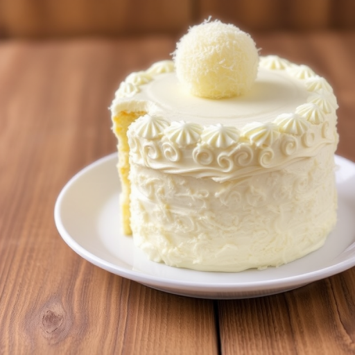 A beautifully layered white cake with creamy frosting topped with a coconut ball, served on a white plate with a wooden background, showcasing the cake's texture and details.
