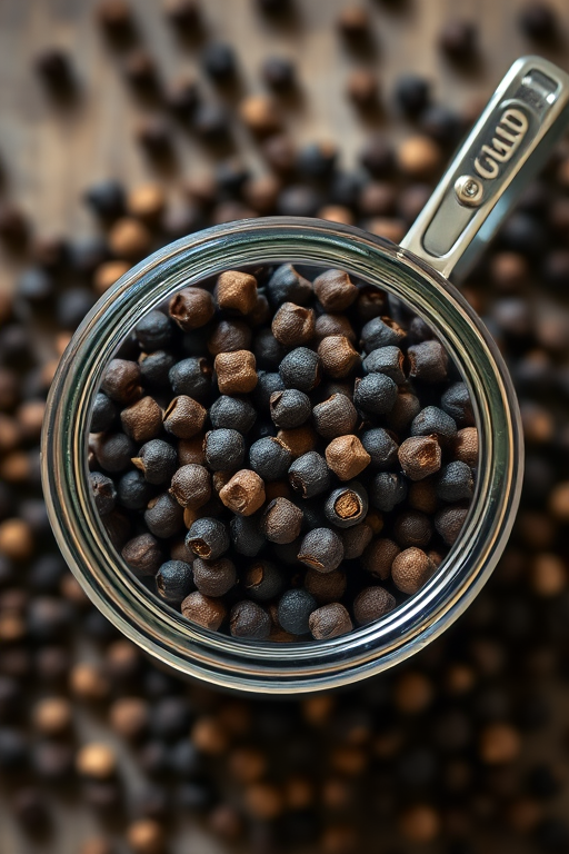 top-down view of black peppercorns in a clear glass jar, natural lighting, 50mm lens, f/1.8 aperture, ISO 200, shallow depth of field, capture using a DSLR camera