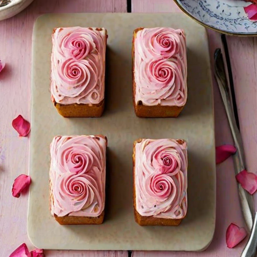 Create an image of beautifully decorated mini loaf cakes with pink frosting. The cakes should have intricate swirls of frosting on top and be garnished with rose petals and pistachios. Display them on a cooling rack with a soft, blurred floral background to enhance the aesthetic appeal.