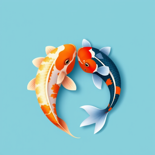 Create an illustration of two koi fish in a yin-yang arrangement, using a flat design style, with a soft blue background, captured with a DSLR camera, 50mm lens, f/2.8 aperture, 1/200 sec shutter speed, and natural lighting for enhanced color vibrancy and clarity.