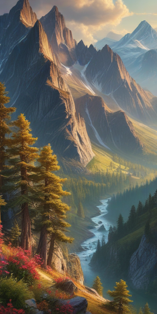 Majestic Mountain Landscape with Flowing River and Lush Greenery at Sunset