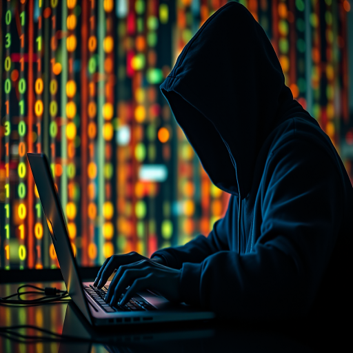 Create a high-resolution digital artwork of a hooded figure typing on a laptop with glowing, colorful binary code in the background, using a Canon EOS R5 camera, 50mm lens, f/1.8 aperture, ISO 200, with a shallow depth of field and soft bokeh effect.