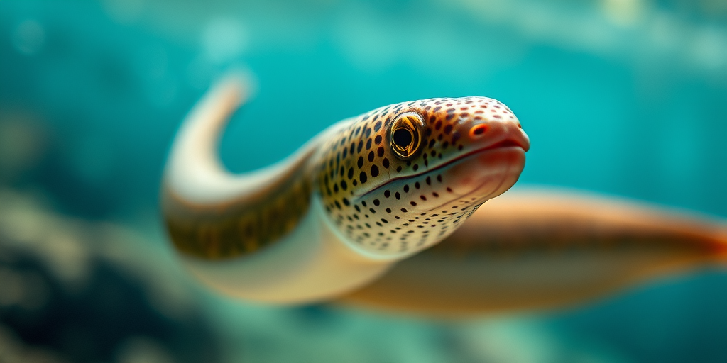 Create a detailed illustration of an eel swimming underwater, using a Canon EOS R5 with a 100mm macro lens, f/4 aperture, ISO 200, and a shallow depth of field to enhance image clarity and focus on the eel's texture while softly blurring the background.