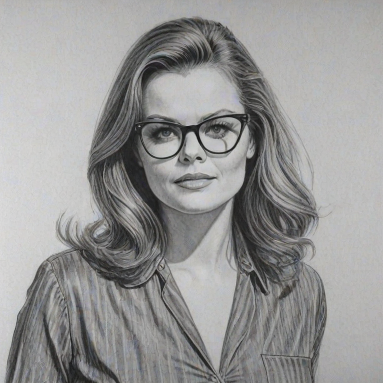 Sublime Belinda Carlisle, pencil sketch, portrait of Radiant woman 1960s in glasses, hair style beatnik, outline, clear lines, fine lines, 8k