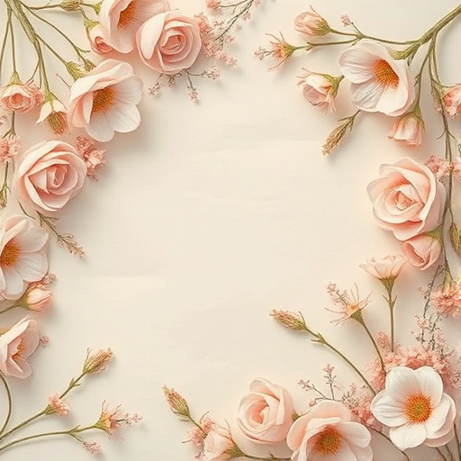 Create a vintage floral background with soft, muted colors, featuring delicate flowers and ornate foliage framing a parchment-like center, captured with a Canon EOS R5, aperture f/4, ISO 100, 50mm focal length, using a shallow depth of field for a dreamy effect.