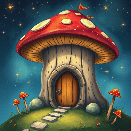 imagine illustration of a mushroom house with a door and a window, a storybook , fantasy art, mushroom house, bg starry sky, sparkles
