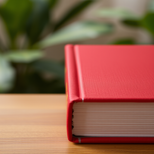 Create a high-resolution image of a closed red book with a smooth cover, captured from a slight angle to showcase its spine, using a DSLR camera with a 50mm lens, aperture f/2.8, ISO 100, and natural lighting for enhanced detail and clarity.
