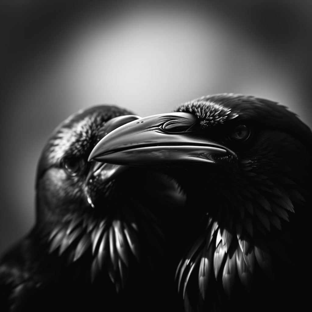 Capture a close-up of two ravens in high contrast black and white, using a Canon EOS R5 with a 50mm f/1.2 lens, aperture set to f/2.8, ISO 100, shutter speed 1/200s, natural light, shallow depth of field, and a slight vignette for dramatic effect.