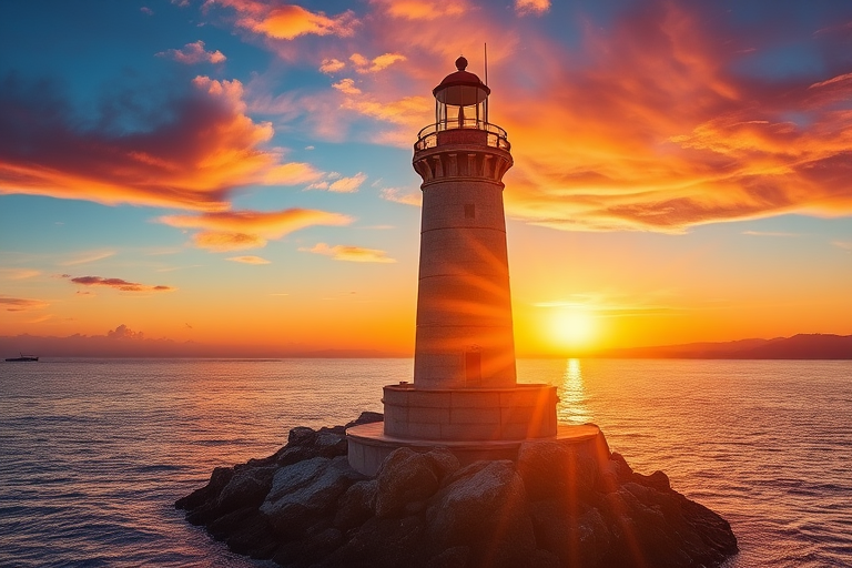Generate an image of a tall lighthouse perched on a rocky outcrop surrounded by calm ocean waters during a breathtaking sunset. The lighthouse stands sturdy and weathered, its stone surface illuminated by the warm golden light of the setting sun. The sun's rays pass directly through the glass lantern room at the top of the lighthouse, casting a brilliant light across the scene. The sky is painted with vibrant shades of orange, pink, and purple, reflecting off the tranquil sea. The surrounding water shimmers with the same warm hues, creating a serene and majestic atmosphere.