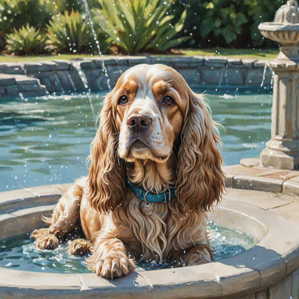 Watercolor ink illustration, A digitally created artwork of a Cocker Spaniel dog leaning on a water fountain, eyes closed, tongue out as if lapping water. The white dog has brown and cream patches, especially on its ears and face. Water splashes around it with detailed droplets. The background features a soft blue-green gradient, suggesting a sunny day. The style is realistic, focusing on the texture of fur and water for a lifelike, vibrant feel.