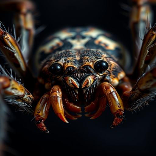 A hyper-realistic close-up of a menacing spider with exaggerated features and sharp fangs, captured in low light to enhance its detail, using a Canon EOS R5 with a 100mm macro lens, aperture f/2.8, ISO 400, and a shallow depth of field for dramatic focus.