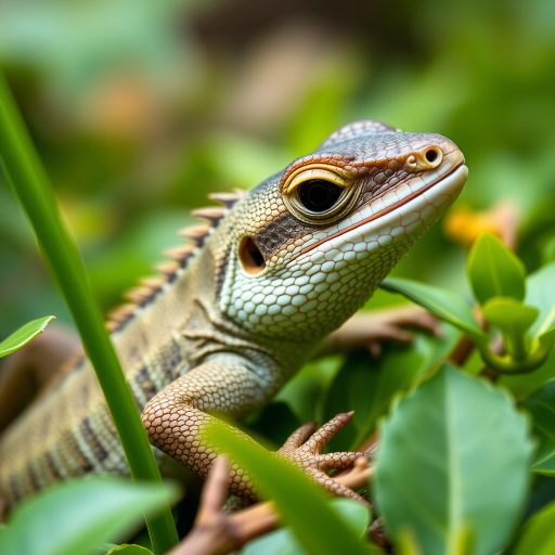 a close-up of a lizard resting on green foliage, showcasing its detailed skin texture and bright eyes in a natural, blurred background