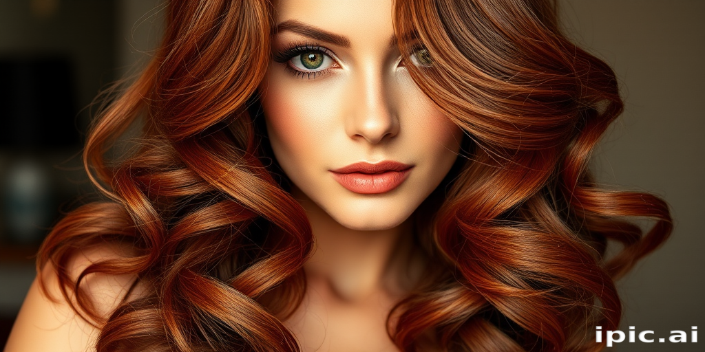 Glamorous old Hollywood waves in rich auburn, deep side part with cascading curls, channeling vintage elegance and timeless sophistication