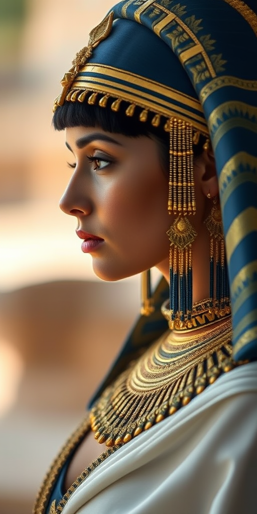 Create a portrait of a woman in ancient Egyptian attire, emphasizing intricate gold jewelry and a regal headdress, captured in dramatic side profile with soft bokeh background, using a Canon EOS R5 with a 50mm f/1.2 lens, ISO 100, f/1.2, 1/200 sec, natural lighting.