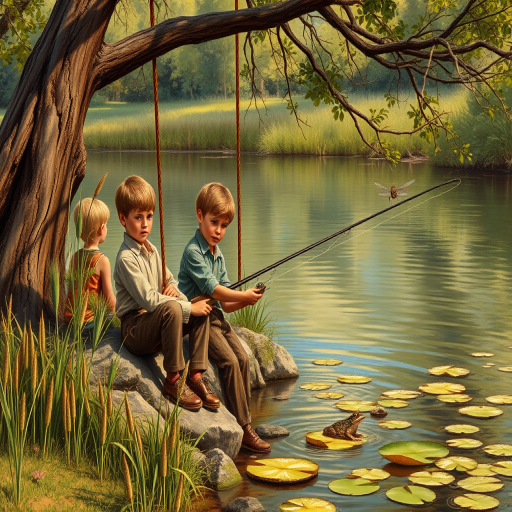 Imagine a small group of old fashioned young boys out fishing by the creek, a swing hanging from a tree branch, reeds and grasses by the water's edge, a frog sitting on a lily pad, dragonflies hovering over som water plans, a very iconic old fashioned scene reminiscent of a Norman Rockwell painting style