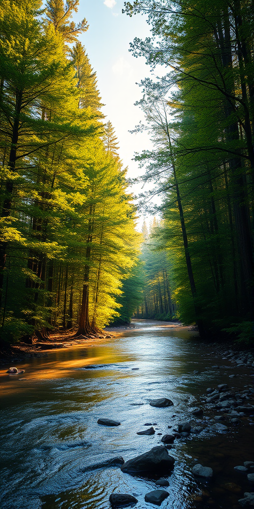 Create an image of a serene, sunlit forest scene with a clear, gently flowing river. Tall trees with lush green foliage line both sides of the river, their leaves bathed in the warm golden light of the setting or rising sun. The sunlight filters through the trees, casting soft, dappled light on the river, which flows over smooth rocks and pebbles, creating a peaceful, natural atmosphere. The sky is bright with a few scattered clouds, and the overall mood is tranquil, evoking a deep sense of connection with nature. The image captures the beauty of a calm, pristine forest landscape at either dawn or dusk.
