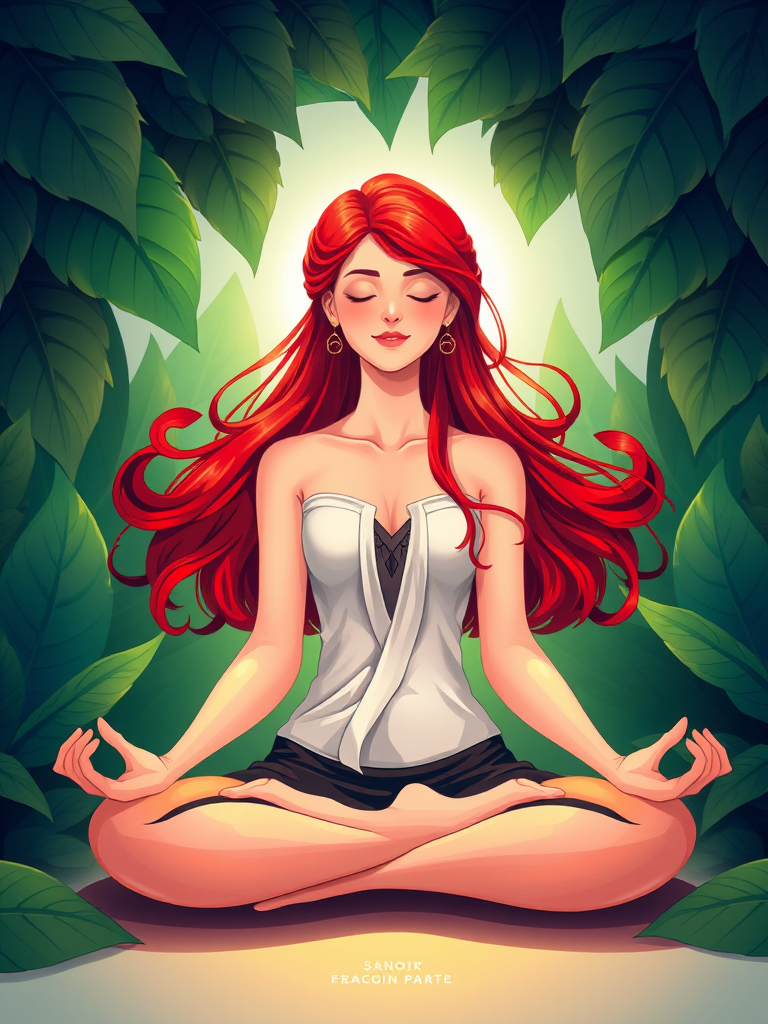 Create a vibrant illustration of a serene woman meditating in a lotus position with deep red hair, surrounded by lush green leaves, using a digital art style, high resolution, with soft lighting, and a focus on smooth gradients and rich colors.
