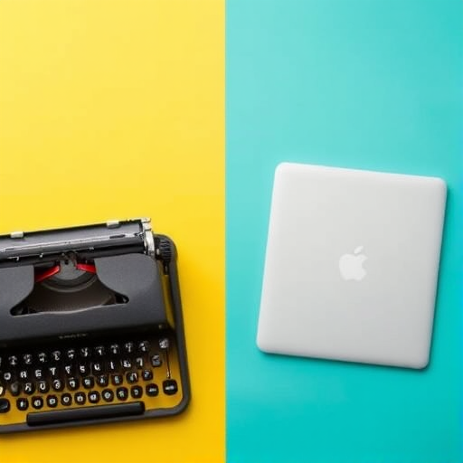 Create an image of a vintage typewriter on the left side contrasting with a modern laptop on the right side, use a bright yellow background for the typewriter and a vibrant turquoise background for the laptop, shot with a Canon EOS R5, 50mm lens, f/1.8 aperture, ISO 100, natural lighting, top-down view.