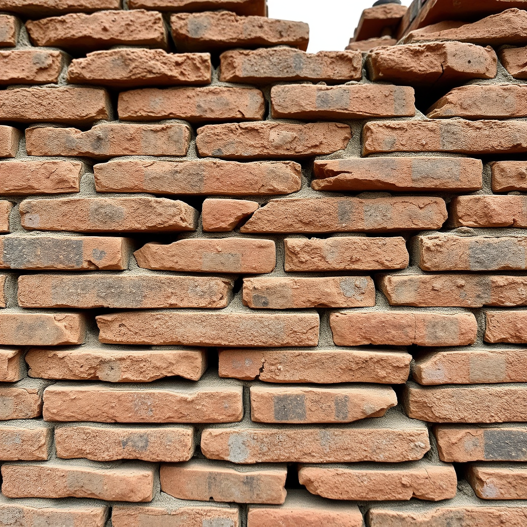 Regenerate the image of a weathered brick wall or ruin with high detail, captured at f/8 aperture, ISO 100, 1/250 sec shutter speed, in a 35mm lens, using a DSLR camera with a shallow depth of field from a slightly low angle view to emphasize texture and structure against a blurred background.