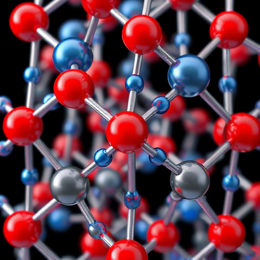 Generate a high-resolution 3D molecular structure of a crystal lattice with red, blue, and gray spheres representing atoms and bonds, using a macro lens on a DSLR camera, f-stop at 8 for deep focus, ISO 100 for minimal noise, and a wide-angle view for enhanced perspective.