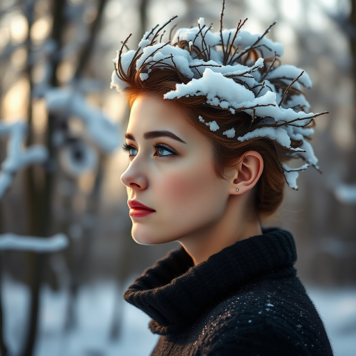 portrait of a woman with an artistic hairstyle resembling branches in a snowy forest, shallow depth of field, soft lighting, ISO 100, f/2.8, 85mm lens, taken with a full-frame DSLR camera, golden hour effect