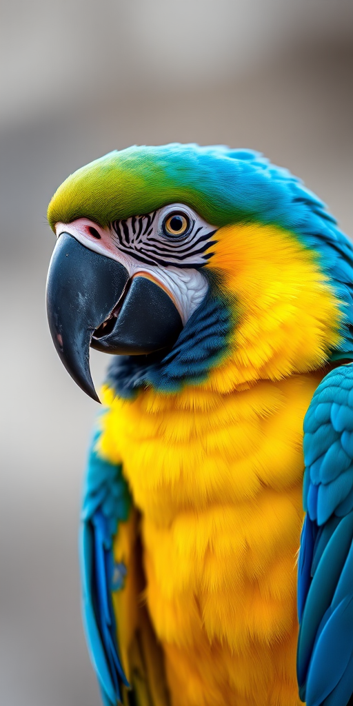 macaw parrot with vibrant blue and yellow feathers, close-up portrait, shallow depth of field, ISO 100, aperture f/2.8, 85mm lens, natural lighting, DSLR camera