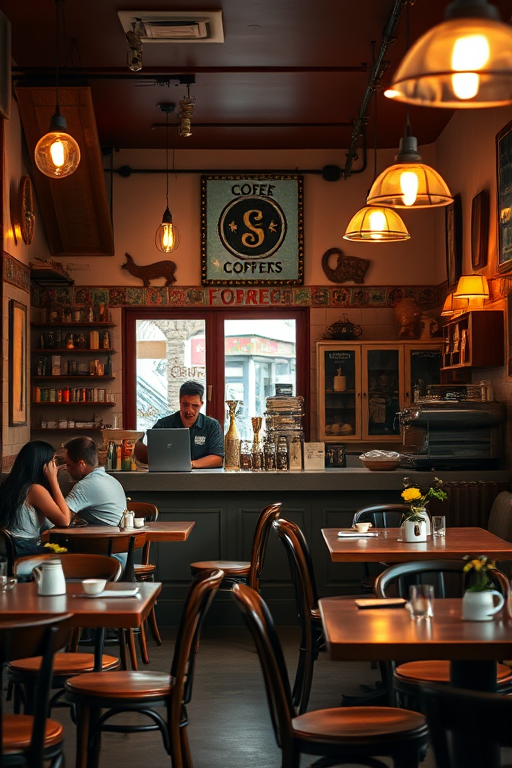 Warmly lit photo of a charming cafeinterior, with vintage decor, soft light illuminating tables set for patrons, and a barista preparing coffee behind the counter.