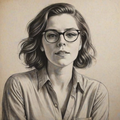 Fascinating Brandi Carlile, pencil sketch, portrait of Enticing woman 1934s in glasses, hair style beatnik, outline, clear lines, fine lines, 8k
