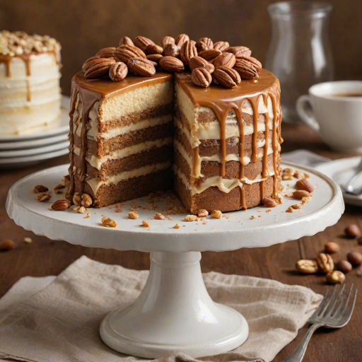 Create an image of a slice of layered cake with a moist texture. The cake should have a light brown color with visible nuts incorporated into the layers. It should be filled with a creamy frosting and drizzled with a rich caramel sauce on top. The cake should be garnished with whole nuts and placed on a decorative plate. The background should be softly blurred to emphasize the cake.