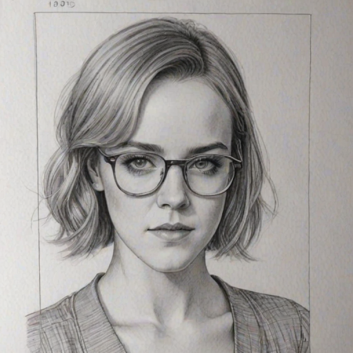 Alluring Jena Malone, pencil sketch, portrait of Enticing woman 1975s in glasses, hair style beatnik, outline, clear lines, fine lines, 8k