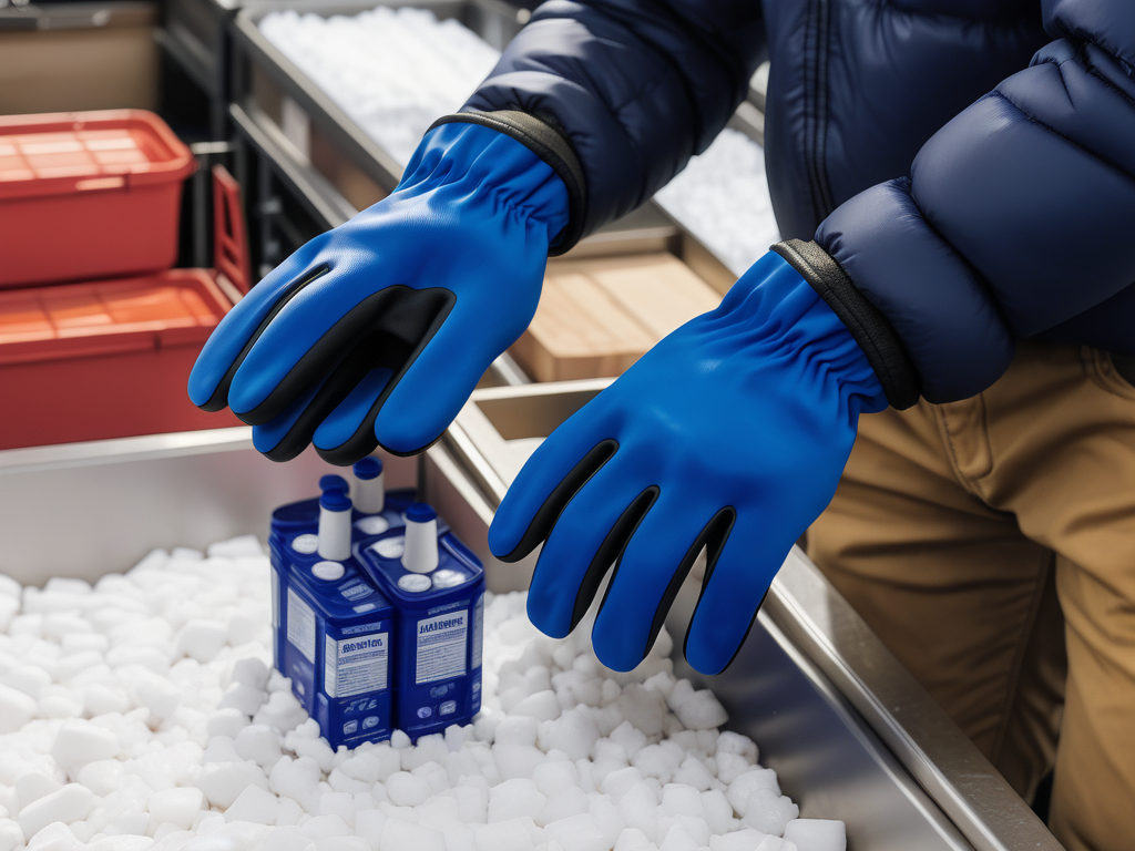 Person In Blue Gloves Handling Containers Amidst Ice And Packing Materials person-in-blue-gloves-handling-containers-amidst-ice-and-packing-materials