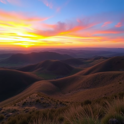 Create a high-resolution image of a serene landscape featuring rolling hills and a vibrant sunset with warm hues, using a DSLR camera with a 50mm lens at f/2.8, ISO 100, and a shutter speed of 1/200s, capturing a wide-angle view for depth and detail.