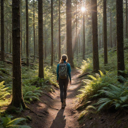 Scenic hiking trail through a dense forest, with sunlight streaming through the trees, a woman in comfortable hiking gear taking a moment to appreciate the beauty around her.