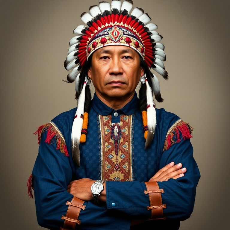 Create a dignified portrait of a Native American man dressed in traditional attire. He wears a beautifully crafted headdress adorned with white feathers and red beads, along with a beaded headband featuring intricate patterns. His clothing includes a deep blue, patterned shirt and a traditional chest piece with detailed beadwork. His arms are crossed, displaying leather armbands decorated with feathers. The background is simple and neutral, emphasizing his proud and stoic expression. The overall image captures the rich cultural heritage and strength of his persona.