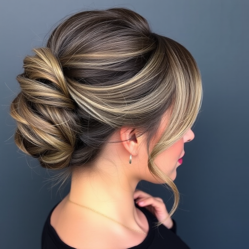 Sophisticated lady flaunting a polished French twist updo with a subtle smoky gray balayage, featuring wispy tendrils and a glossy finish