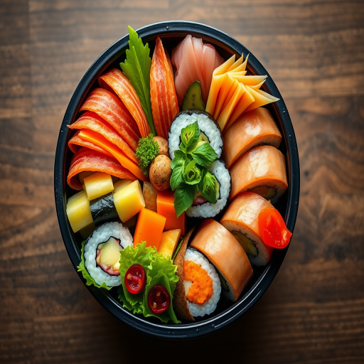 A beautifully arranged bento box filled with sushi, colorful vegetables, and garnishes, shot with a Canon EOS R5, 50mm lens, f/2.8 aperture, ISO 100, natural light, top-down view, high-definition capturing the vibrant colors and textures of the food.