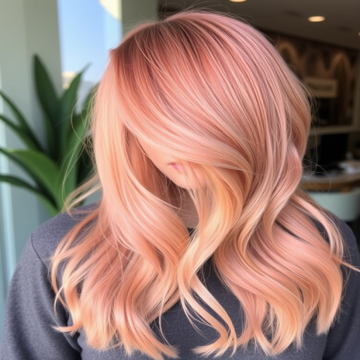 Radiant rose gold hair shimmers and shines in the "Blushing Champagne" style. The medium-length cut features soft, face-framing layers and a side-swept bang. Loose, romantic waves are styled to perfection, with each strand catching the light to create a warm, inviting glow that's both elegant and effortless.