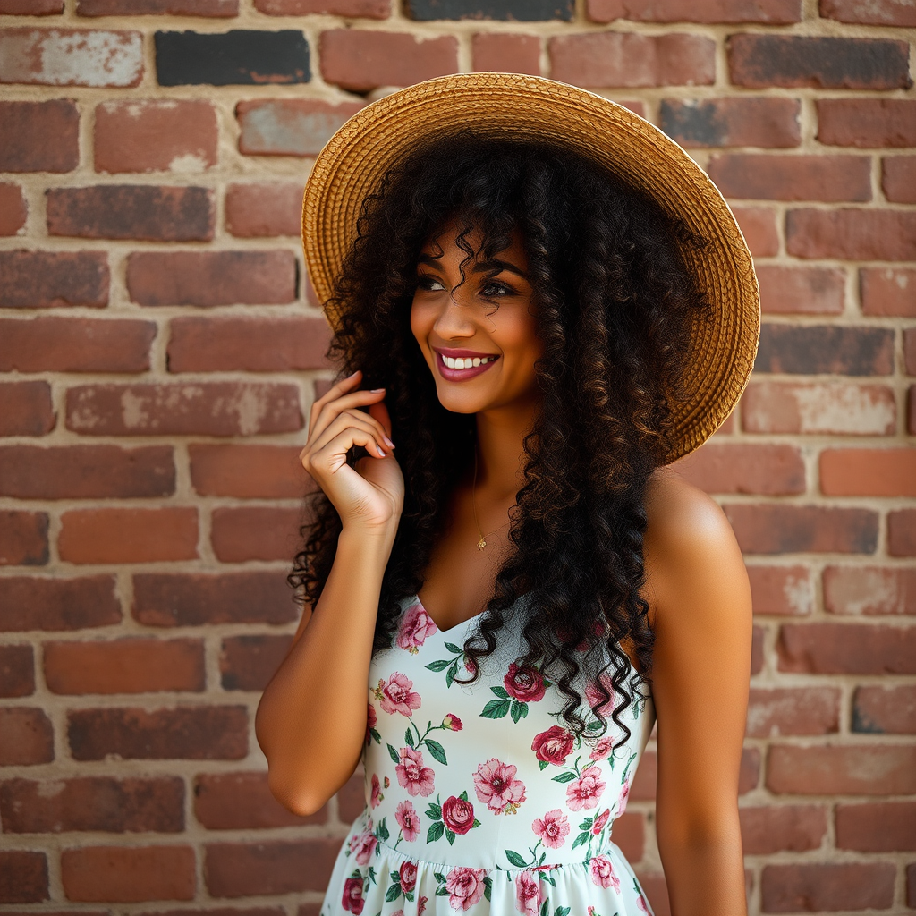 Create an image of a woman with curly hair wearing a floral dress and holding a straw hat, smiling softly against a brick wall, captured with a Canon EOS R5, 50mm lens, aperture f/1.8, ISO 100, 1/200s, natural light for a soft and warm effect.