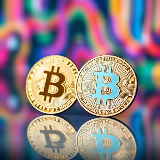 high-resolution image of two shiny Bitcoin coins on a reflective surface with a blurred colorful background, shot with a DSLR camera at f/2.8 aperture, 50mm lens, ISO 100, natural lighting, 1/125s shutter speed, focus on coins
