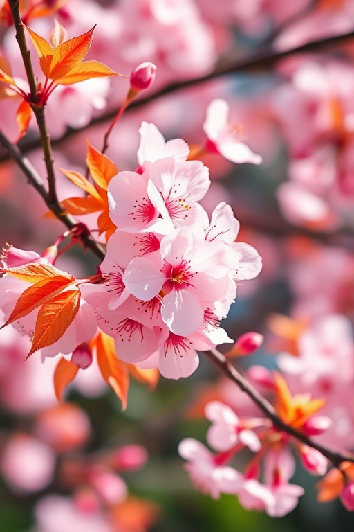 Create a high-resolution watercolor painting of cherry blossoms with soft pink petals and vibrant orange leaves, using a DSLR camera with a 50mm lens, aperture set to f/2.8, ISO 100, and a slight tilt-shift perspective for enhanced detail and depth, in natural soft light.
