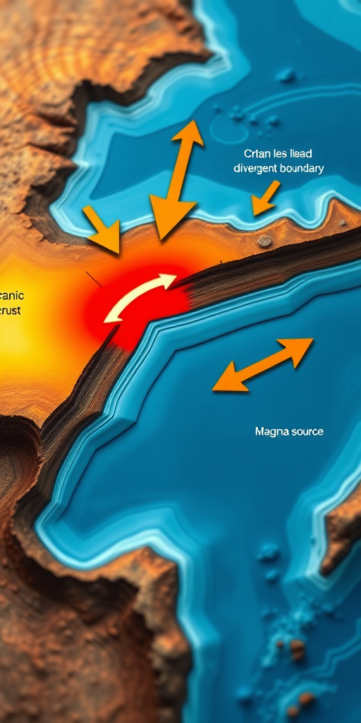 Generate a high-resolution illustration of tectonic plate movement with arrows indicating direction over oceanic crust and a red magma source at a divergent boundary, using a macro lens, f/8 aperture, 1/125 sec shutter speed, and 24mm focal length, with vibrant colors and clear labels.