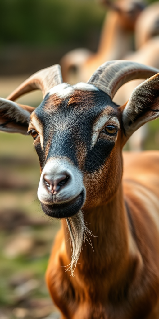 A detailed close-up of a goat standing in a natural environment, soft focus background, natural lighting, DSLR camera, 50mm lens, aperture f/1.8, ISO 200, 1/200s shutter speed.