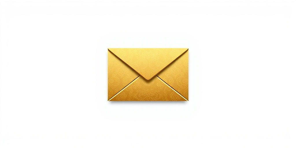 Create a high-resolution vector graphic of a stylized golden envelope logo, using a Canon EOS R5 with a 50mm f/1.2 lens, shot from a front view at f/8 to enhance detail and clarity, with soft lighting and a clean white background for contrast.