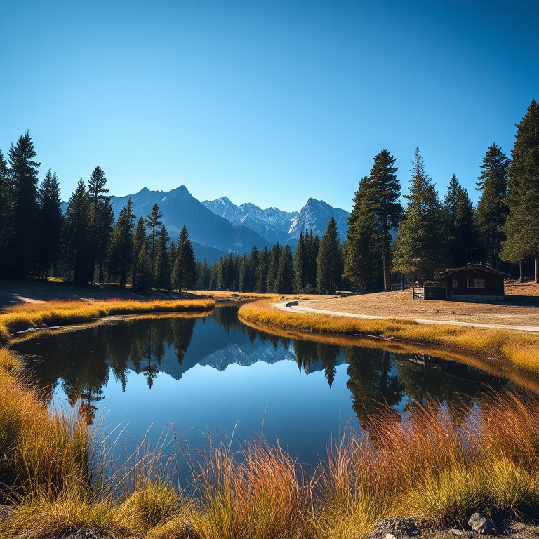 regenerate a serene landscape scene with a clear blue sky, majestic mountains in the background, a calm pond reflecting the scenery, tall pine trees surrounding the area, and a rustic cabin, using a DSLR camera with a 24mm lens, aperture f/8, ISO 100, shooting from a low angle to enhance depth and clarity.